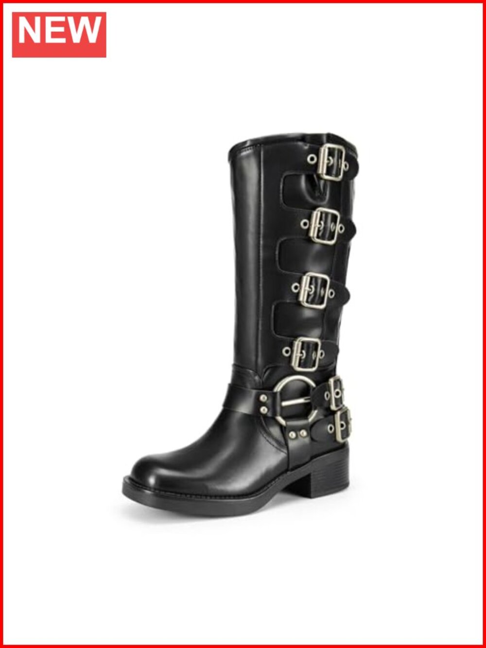 Womens Knee High Moto Boots Faux Leather Square Toe Block Heel Buckle